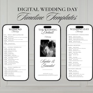 May include: Three smartphone screens displaying digital wedding day timeline templates in black and white. The screens show a weekend itinerary, wedding details with a photo of a couple named Sophie and Benedict, and a wedding day itinerary.
