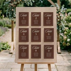 May include: A rectangular beige seating chart board mounted on a wooden easel, featuring nine dark brown rectangular cards arranged in a three-by-three grid. Each card displays the word Table followed by a number and a list of guest names.