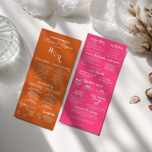 Whimsical Wedding Infographic Program Template Editable Canva Fun Timeline Ceremony Card Printable Modern Colorful Wedding Sign Pink Orange