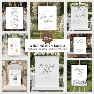 Puede incluir: Una colección de letreros de boda blancos con texto de caligrafía negra, incluyendo "Welcome to the After Party", "House of Wishes" y "Grazing Table". Los letreros están decorados con arreglos florales y se exhiben en caballetes.