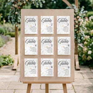 Plantilla de tarjeta de distribución de asientos para bodas minimalistas florales, editable en Canva e imprimible. Encuentra tu asiento. Lista de invitados. Póster elegante para la asignación de mesas (hazlo tú mismo).