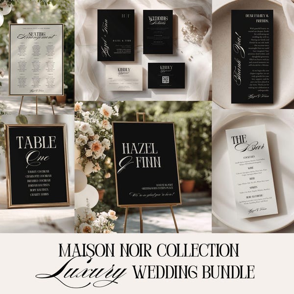 Luxury Old Money Wedding Sign Bundle Dark Romance Gothic Black Invitation Suite Editable Canva Template Minimal Reception Signage Decor Sets