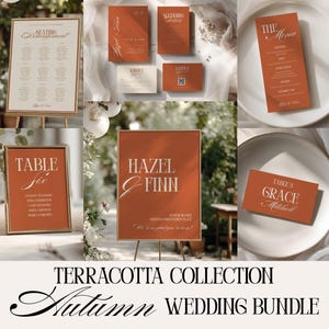 May include: A terracotta wedding stationery collection featuring a seating arrangement sign, invitation suite, menu card, table number signs, and a welcome sign. Each piece displays white serif typography on a solid burnt orange background.