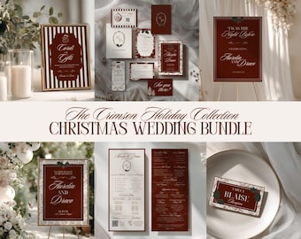 May include: A wedding stationery bundle featuring deep crimson and white designs. Items include a cards and gifts sign, save the date cards, wedding invitations, a welcome sign, a seating chart, and a place card, all with elegant typography.