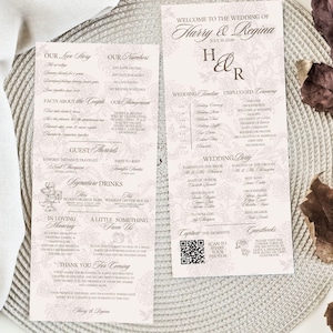 May include: Two wedding programs with floral patterns and text. The left program includes "Our Love Story" and "Facts about the Couple." The right program says "Welcome to the Wedding of Harry & Regina." The programs are on a textured surface.