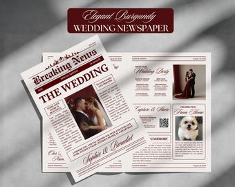 Plantilla editable de periódico de boda burdeos (Canva), programa de boda, invitación de boda con dinero antiguo doblado, búsqueda de palabras personalizada, descarga DIY