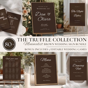 Puede incluir: Una colección de carteles de boda de color marrón oscuro con tipografía blanca serif y manuscrita. El conjunto incluye varias plantillas como carteles de bienvenida, menús, carteles de bar, planos de mesa y señalización para invitados.