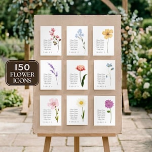 Puede incluir: Un tablero de exhibición con nueve tarjetas rectangulares blancas dispuestas en cuadrícula, cada una con una ilustración floral en acuarela y una lista de nombres sobre un número de mesa. Una etiqueta marrón a la izquierda dice 150 FLOWER ICONS.