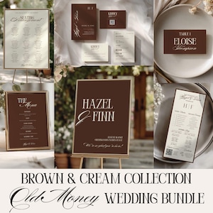 May include: A wedding stationery collection featuring brown and cream cards, signs, and menus. Items include a seating arrangement chart, invitation suite, table number card, menu, welcome sign, and program, all with elegant serif typography.