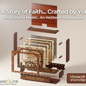 May include: A wooden laser-cut design, disassembled to show its components. Text includes "A Story of Faith... Crafted by You" and "The Journey to Bethlehem." The words "A Precious Gift of Love & Hope" are also visible. The design is an heirloom masterpiece.