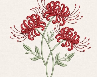 Broderidesign med röd spindellilja, japansk blom- och botanisk konst (digital nedladdning)