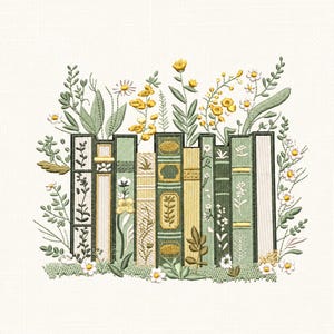 May include: An embroidered design featuring a row of books with floral accents. The books are in shades of green and cream, with detailed floral and leaf patterns. Yellow and white flowers and green foliage surround the books, creating a nature-inspired theme.