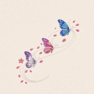 May include: Embroidered design featuring three butterflies in shades of purple, pink, and blue, with delicate silver thread trails and scattered pink flower petals. The butterflies have detailed wing patterns, set against a cream background.