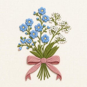 Op de afbeelding: Geborduurd boeket van blauwe vergeet-mij-nietjes en witte bloemen, vastgebonden met een roze lint. De bloemen hebben gele centra en groene stelen en bladeren. De achtergrond is lichtcrème.