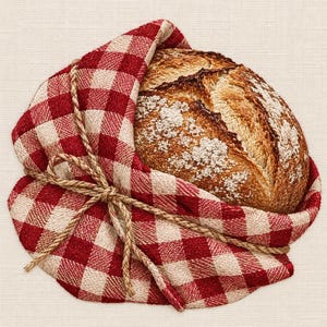 May include: A round loaf of crusty, golden-brown sourdough bread with a flour-dusted top, partially wrapped in a red and white checkered cloth napkin and secured with a natural jute twine bow tied around the center of the bread.