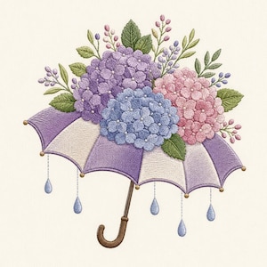 May include: An embroidered design featuring a purple and white umbrella with a brown handle. The umbrella is topped with a cluster of purple, blue, and pink hydrangea flowers, green leaves, and small sprigs. Blue teardrop shapes hang from the edges.
