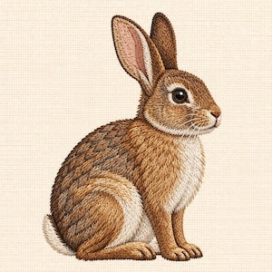 Peut inclure: Un motif brodé représentant un lapin brun de profil, avec des détails de points dans des tons de brun clair, brun foncé et crème. Le lapin a de longues oreilles aux tons rosés à l'intérieur, un œil sombre et une queue blanche texturée.