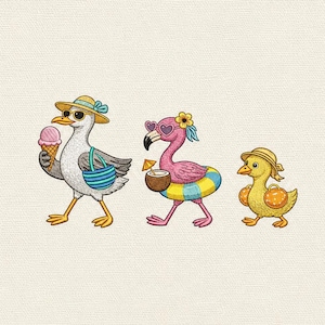 Può includere: Un'illustrazione stravagante di tre uccelli dei cartoni animati che si godono l'estate. Un gabbiano con un cono gelato, un fenicottero con occhiali da sole a forma di cuore e un'anatra con arance. Tutti indossano cappelli e accessori, a tema spiaggia.