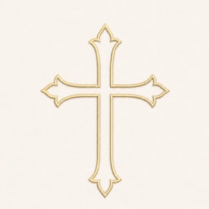 May include: A gold-colored cross with ornate, pointed edges. The cross is centered on a cream-colored background. The design is simple and elegant, suitable for religious or decorative purposes.