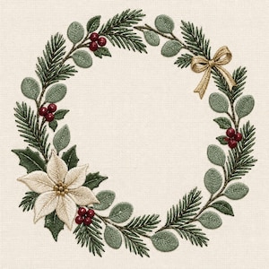 Pode incluir: Um design de bordado de uma guirlanda circular com agulhas de pinheiro verde-escuras, folhas de eucalipto verde-sálvia, cachos de bagas vermelho-escuras, uma única flor de poinsétia branca com centro dourado e um pequeno laço dourado.