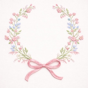 Floral Wreath Embroidery Design with Bow, Romantic Flower Frame (Digital Download)