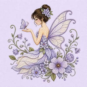 May include: Embroidered image of a fairy with brown hair and purple wings, wearing a dress of layered petals. A butterfly hovers near her hand. The fairy is surrounded by embroidered flowers and vines in shades of purple and green.