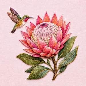 May include: A detailed embroidery piece featuring a vibrant hummingbird with green, gold, and red plumage hovering near a large, textured protea flower. The flower displays layered petals in shades of pink, orange, and cream, with green leaves.