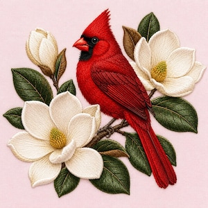 Borduurpatroon van een kardinaalmagnolia, rode vogel met bloemenmotief, machinebestand (digitale download)