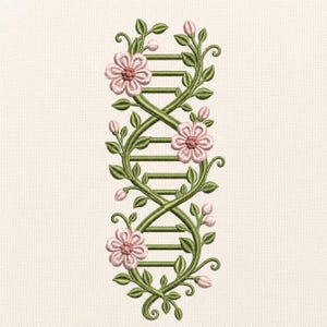 May include: An embroidery design featuring a vertical DNA double helix structure intertwined with green vines, leaves, and light pink flowers. The DNA backbone is represented by horizontal bars, while the floral elements wrap around the structure.