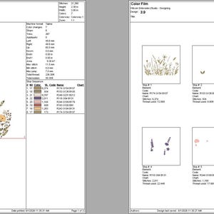 May include: A digital embroidery production worksheet and color film document displaying a floral design. The layout includes technical specifications, stitch counts, and a sequence of six individual color layers featuring wildflowers in shades of pink, purple, and green.