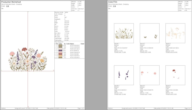 May include: A digital embroidery production worksheet and color film document displaying a floral design. The layout includes technical specifications, stitch counts, and a sequence of six individual color layers featuring wildflowers in shades of pink, purple, and green.