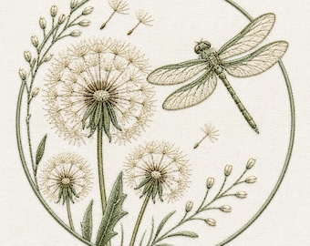 Può includere: Un ricamo circolare su tessuto bianco raffigurante tre teste di semi di tarassaco, una libellula con ali verde chiaro e steli delicati con piccoli boccioli. L'intera composizione è incorniciata da un sottile bordo circolare verde salvia.