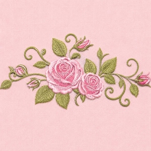 May include: Embroidered design of pink roses, buds, and green leaves on a light pink background. The floral arrangement features two open roses, several buds, and detailed green leaves and stems.