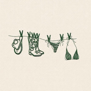 May include: An embroidered design featuring a cowboy hat, cowboy boots, and two-piece bikini hanging on a clothesline. The items are in a dark green color, with the boots showcasing floral details. The background is a light beige.