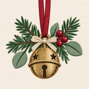 May include: An embroidered ornament featuring a gold jingle bell with star cutouts, accented by green pine needles, light green leaves, and three red berries. A cream-coloured bow sits above the bell, suspended by a dark red ribbon loop.