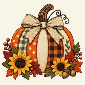 May include: A decorative pumpkin illustration featuring alternating panels of orange polka dots, green gingham, solid cream, and orange-black buffalo plaid. A beige burlap-style bow sits on top, accented by sunflowers, red berries, and acorns.