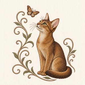 May include: An embroidered design featuring a brown cat sitting and looking up at a brown and orange butterfly. The cat is surrounded by decorative brown swirling vines and green leaves on a light cream-colored fabric background.