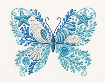 Diseño de bordado de mariposa con conchas marinas y alas de estrella de mar costeras (descarga instantánea)