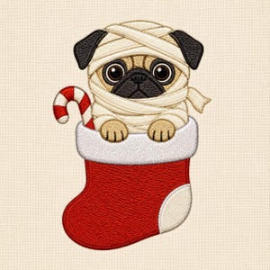 May include: An embroidered design of a tan pug wrapped in white bandages like a mummy, peeking out of a red Christmas stocking with a white cuff. A red and white striped candy cane is tucked into the stocking next to the pug's head.