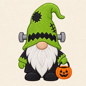 May include: An embroidered gnome design featuring a bright green hat with black stitched patches and a jagged black brow. The gnome has a long white beard, a tan nose, and grey bolts on the sides of the head. It wears a black outfit and holds an orange jack-o'-lantern bucket.