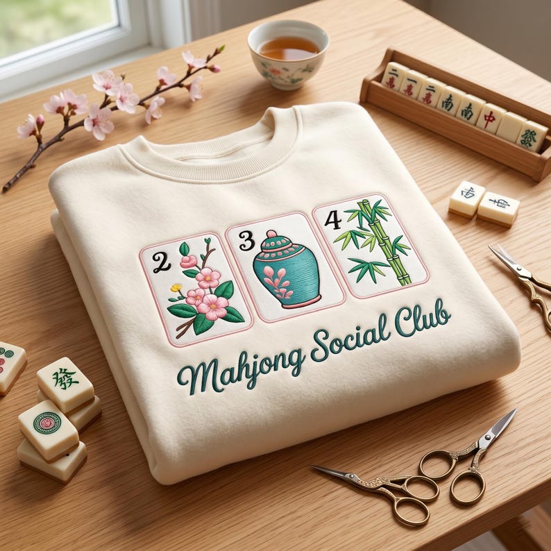 May include: Cream-colored sweatshirt with embroidered Mahjong card designs and the text "Mahjong Social Club" in green. The cards feature floral, vase, and bamboo motifs. A cozy, casual top for game enthusiasts.