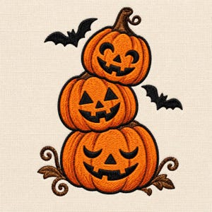 May include: An embroidery design featuring a stack of three orange jack-o'-lanterns with carved black faces. The top pumpkin has a brown stem, and two black bats are flying on either side. Decorative brown swirling vines accent the base.