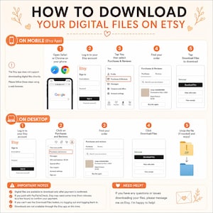 May include: An instructional infographic titled HOW TO DOWNLOAD YOUR DIGITAL FILES ON ETSY. It outlines five steps for mobile and desktop users, including icons for browsers, account login, purchase history, and file download buttons with notes.