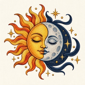 May include: An embroidered design featuring a sun and moon face joined together. The sun is yellow and orange with radiating flames, while the moon is blue and white with craters. Gold four-pointed stars and small dots surround the central figures.