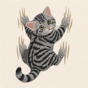 Climbing Cat Embroidery File, Tabby Kitten Scratch Design (Digital Download)