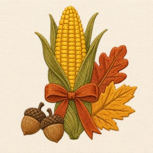 Könnte beinhalten: Ein Stickmotiv mit einem zentralen gelben Maiskolben mit grünen Blättern, der mit einem orangefarbenen Band zusammengebunden ist. Rechts befinden sich zwei herbstliche Blätter in Orange und Gelb, links unten zwei braune Eicheln mit strukturierten Kappen.