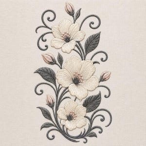 May include: An embroidery design on a light beige fabric featuring three cream-coloured flowers with pink centres, surrounded by dark grey leaves and swirling vine patterns. The composition includes several closed flower buds in soft pink tones.