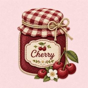 May include: A jar of cherry jam with a red and white checkered lid and a decorative label that reads "Cherry." The jar is adorned with a twine bow and surrounded by cherries, leaves, and a white flower on a pink background.