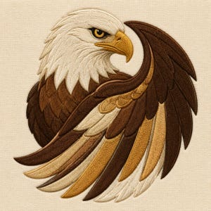 Op de afbeelding: Een geborduurde patch met een Amerikaanse zeearend met een witte kop en gele snavel, waarbij het lichaam en de vleugels zijn weergegeven in tinten bruin, beige en crème. De adelaar is in profiel afgebeeld met vleugels in een cirkelvorm.