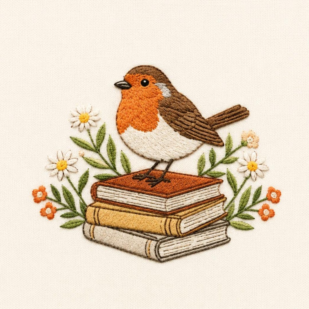 Robin Bird Embroidery Design, Book Lover Machine Embroidery File ...